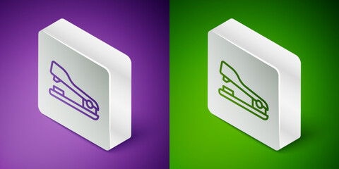 Poster - Isometric line Office stapler icon isolated on purple and green background. Stapler, staple, paper, cardboard, office equipment. Silver square button. Vector