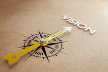 Compass Direction Pointing To The Vision. Concept Of  Business Planning And Setting Long-term Goals Of An Organization That Represents The Tools That Direct The Way To Success.