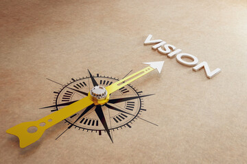 Compass direction pointing to the Vision. concept of  business planning and setting long-term goals of an organization that represents the tools that direct the way to success.