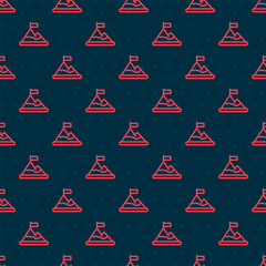 Poster - Red line Mountains with flag on top icon isolated seamless pattern on black background. Symbol of victory or success concept. Goal achievement. Vector