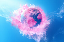 A Bright Blue Planet Covered By Pink Smoke On A Red Background