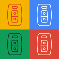Poster - Pop art line Car key with remote icon isolated on color background. Car key and alarm system. Vector