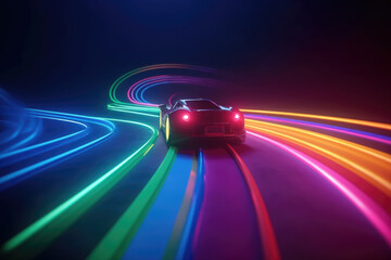 Speeding racing car on neon highway. Powerful acceleration of a supercar on a night track with colorful lights and trails. AI generative