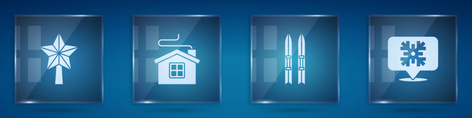 Poster - Set Christmas star, Merry house, Ski and sticks and Snowflake speech bubble. Square glass panels. Vector