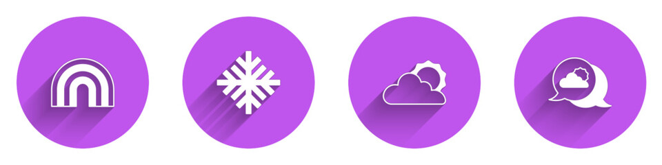 Poster - Set Rainbow, Snowflake, Sun and cloud weather and Location icon with long shadow. Vector