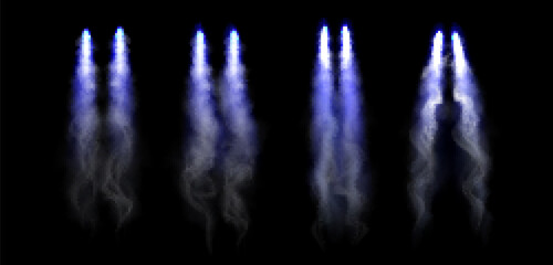 Wall Mural - blue fire jet launch smoke trail vector effect. 3d rocket speed cloud texture with flame isolated. s
