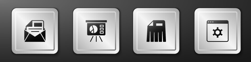 Poster - Set Mail and e-mail, Board with graph, Paper shredder and Browser setting icon. Silver square button. Vector