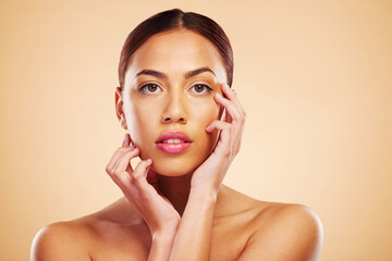 Canvas Print - Portrait, mockup and woman with skincare, cosmetics and wellness on a brown studio background. Face, female person and model with luxury, makeup and self care with shine, natural beauty and aesthetic