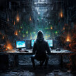 A lone man dressed in a hoodie sitting in front of his computer in a dark surreal room. The painting depicts a chilling scene of cybercrime in the digital realm. Generated by artificial intelligence. 