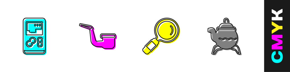 Poster - Set Portable video game console, Smoking pipe, Magnifying glass and Classic teapot icon. Vector