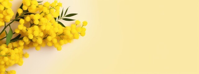 Sticker - Beautiful bouquet of mimosa on a light yellow background. Spring background in banner format with a branch of mimosa