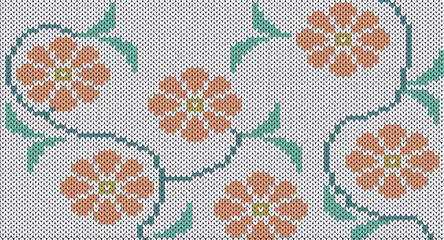 The  orange flowers on white  knitted pattern, Festive Sweater Design. Seamless Knitted Pattern, Norway Festive Sweater Fair Isle Design.