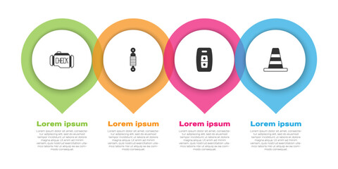 Poster - Set Check engine, Shock absorber, Car key with remote and Traffic cone. Business infographic template. Vector