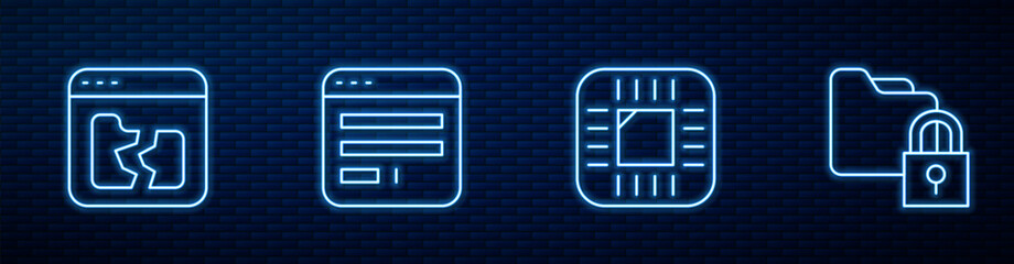 Aufkleber - set line processor with cpu, broken file, browser window and folder and lock. glowing neon icon on b