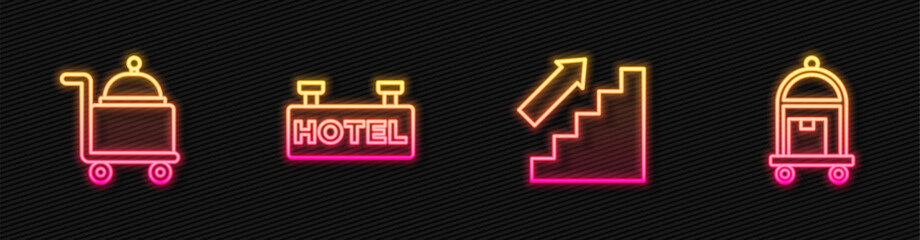 Set line Stairs up, Covered with tray, Signboard text Hotel and Suitcase. Glowing neon icon. Vector