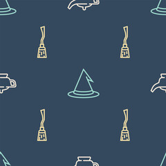 Wall Mural - Set line Magic lamp or Aladdin, Witches broom and hat on seamless pattern. Vector