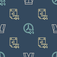 Sticker - Set line Short or pants, Calendar and airplane and Clock with on seamless pattern. Vector