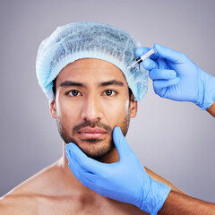 Canvas Print - Hands, portrait and transformation with a man in studio on a gray background for an injection. Face, beauty and plastic surgery with a male customer in a clinic for antiaging filler or cosmetics