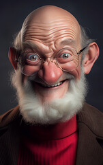 A bald old man 3d character with white beard and eyeglasses is smiling and expressing happiness
