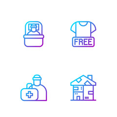 Poster - Set line Homeless cardboard house, First aid kit, Sleeping bag and Clothes donation. Gradient color icons. Vector