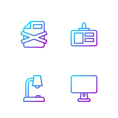 Poster - Set line Computer monitor, Table lamp, Delete file document and Identification badge. Gradient color icons. Vector