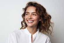Portrait Of Young Happy Woman Looks In Camera. Skin Care Beauty, Skincare Cosmetics, Dental Concept Isolated Over White Background.