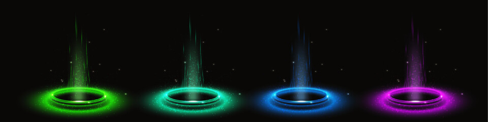 Poster - circle hologram of podium, digital portal with neon light effect. futuristic platform of teleport wi