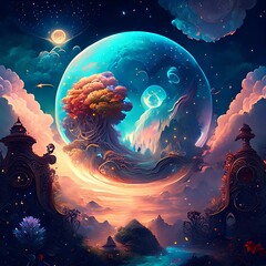 Magic of the world, fantasy planet earth, colorful dream digital illustration.