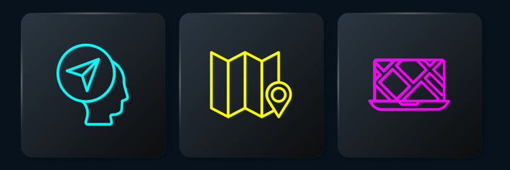 Poster - Set line Map marker with human, City map navigation and Folded location. Black square button. Vector