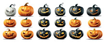 Set Of Halloween Pumpkins, Funny Faces. Autumn Holidays. Vector Illustration