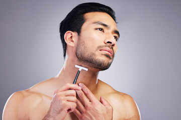 Poster - Beard hair, razor and face of man with bathroom routine, self care treatment, relax facial grooming or cosmetics skincare. Neck cleaning, hygiene wellness and studio person shaving on grey background