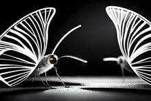 Vector Representation Of Black And White Butterflies Facing Each Other , Background Is Dark , Front Focused View Of Flies 