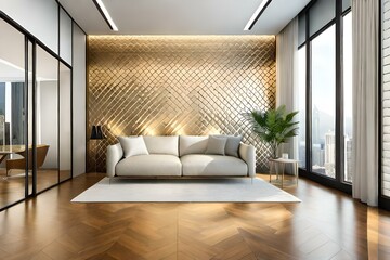 modern living room with sofa, blend of two colors golden and cream , cream colored sofa and ceiling golden stylish wall