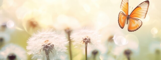 Spring background with light transparent flowers dandelion and flitting orange butterfly in pastel light tones macro with soft focus. Delicate airy elegant artistic image of nature