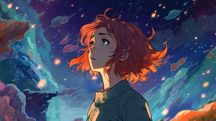 Wall Mural - a beautiful anime wallpaper illustration of a red haired woman watching the universe and thinking about life, ai generated image