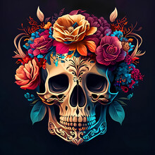 Human Skull With Colorful, Exotic, Tropical Flowers, Digital Illustration.