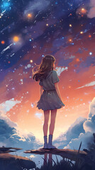 Wall Mural - a creative anime artwork of a woman thinking about life under lightning stars, phone screen artwork, ai generated image