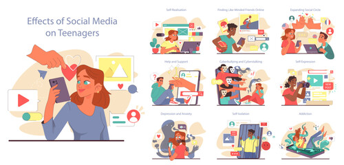Wall Mural - aspects and effects of social media on teens set. psychological effects
