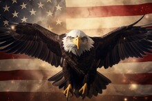 Eagle With Open Wings Flying Against Flag. Beautiful Illustration Picture. Generative AI