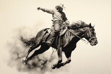Cowboy Taming The Wild Horse, Charcoal Drawing On Paper.