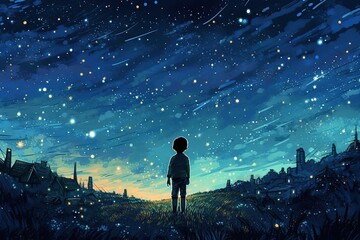 A young boy gazing at the starry night sky