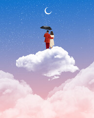 Loving couple, man and woman walking on clouds under umbrella again sy background. Relationship. Contemporary art collage. Concept of dreams and fantasy, surrealism, imagination. Copy space for ad