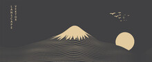 Vector Abstract Art Mount Fuji Japan Landmark, Landscape Mountain With Birds And Sunrise Sunset By Gold Line Art Texture Isolated On Dark Grey Black Color Background. Minimal Luxury Style.