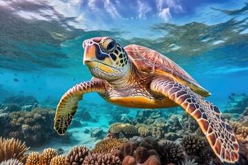 Under water sea turtle. Diving scene of turtle undersea. Generative AI