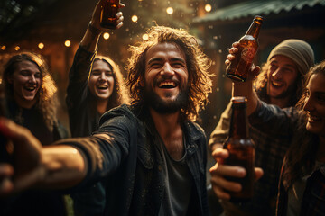 Happy friends drinking beer at brewery bar. Group of people cheering and drinking beer at bar pub table