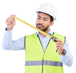Poster - Architect, tape measure or studio man check numbers of building inspection, real estate project or property planning. Construction industrial labor, engineer and male contractor on white background