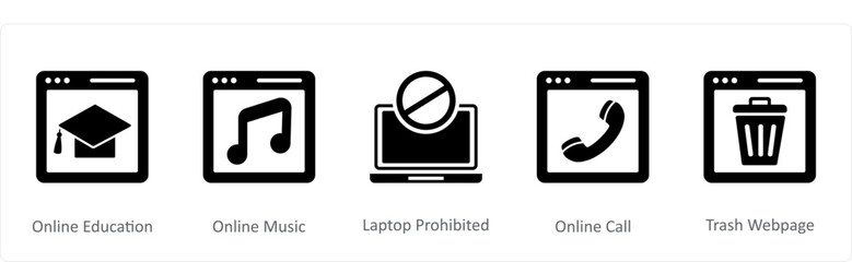 A set of 5 Internet icons as online education, online music, laptop prohibited