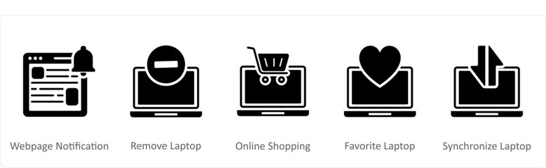 A set of 5 Internet icons as webpage notification, remove laptop, online shopping