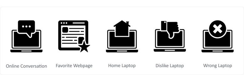 A set of 5 Internet icons as online conversation, favorite webpage, home laptop