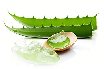 Aloe vera fresh leaves with aloe vera gel on wooden measuring spoon. isolated over white